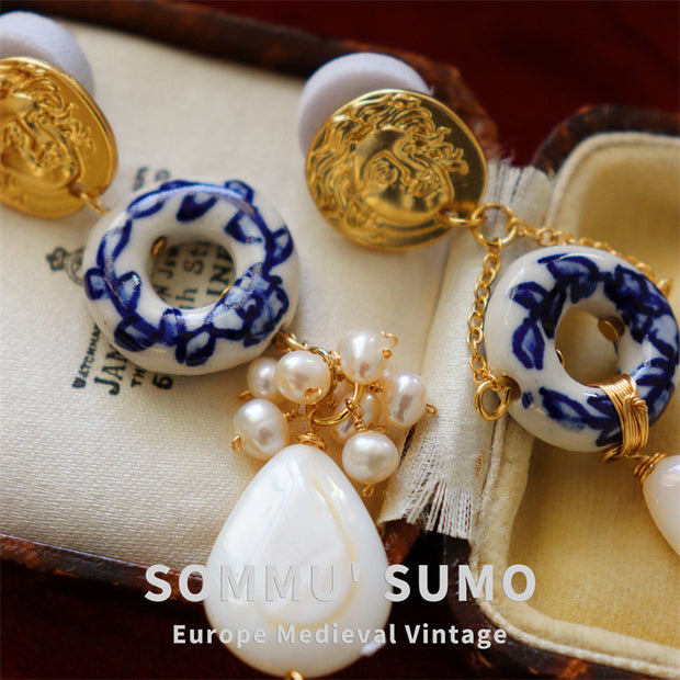 European medieval retro style ancient Roman Apollo gold coin gilded ceramic natural pearl earrings