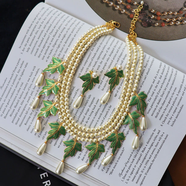 Vintage Pearl Enamel Green Leaf Earring Necklace Set