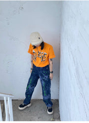 S.view 21SS Creative Tie-Dye Splash Print Jeans Street Popular Mid-rise Zip-Up Straight-leg Trousers