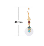 Classical style natural white jade pendant peace buckle real gold plated earrings