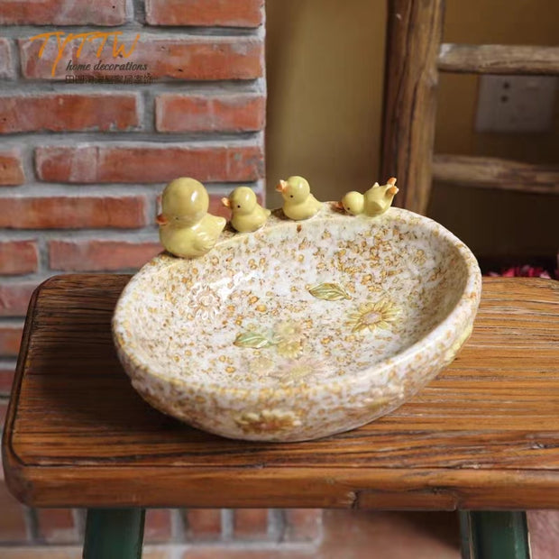 Retro mother and children yellow duck ceramic plate, home decoration, nut plate, key basin, desktop ornaments