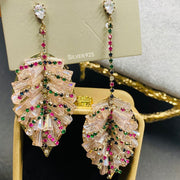 Asymmetry Elegant Leaf-Inspired Crystal Earrings in Vibrant Green and Soft Pink