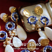 European medieval retro style ancient Roman Apollo gold coin gilded ceramic natural pearl earrings