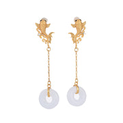 Retro-style goldfish design tassel earrings, elegant jade ring embellishment