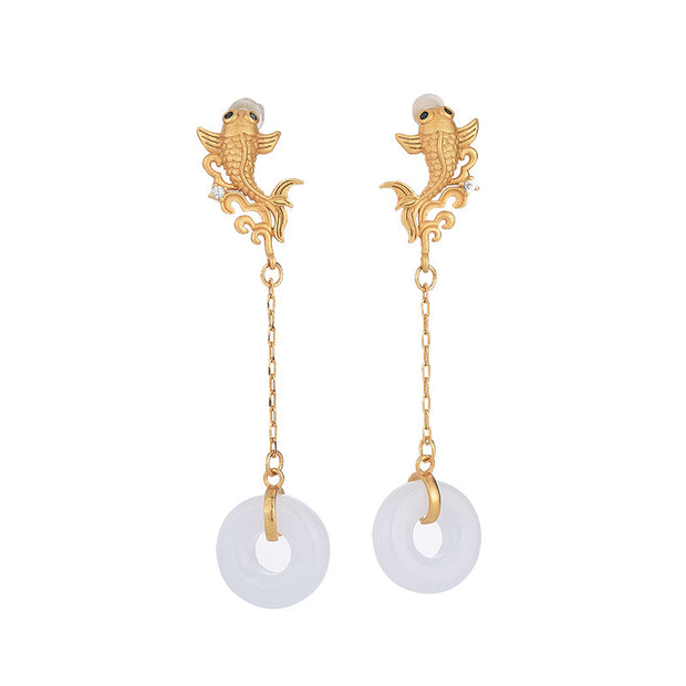 Retro-style goldfish design tassel earrings, elegant jade ring embellishment