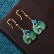 Retro-style green jade cloud pattern elephant pendant earrings