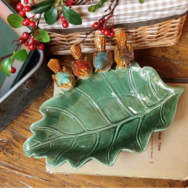 Green leaf bird ceramic plate, decoration, nut plate, key basin, desk ornaments