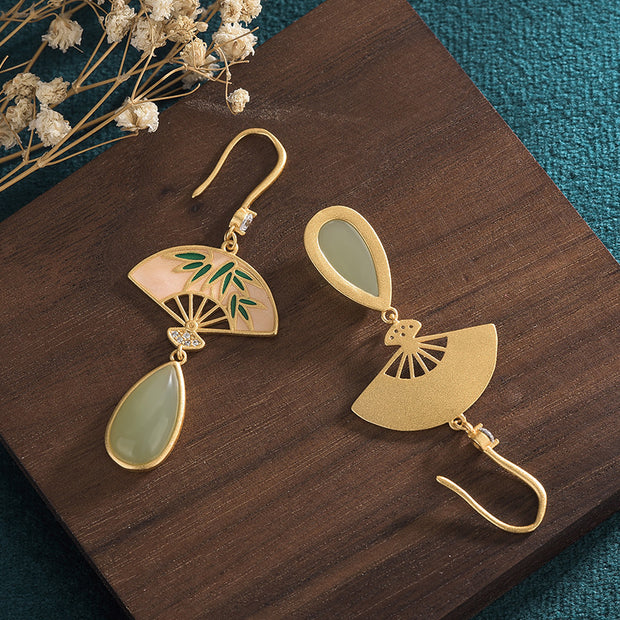 Elegant Bamboo Fan Pendant Gold-plated Earrings