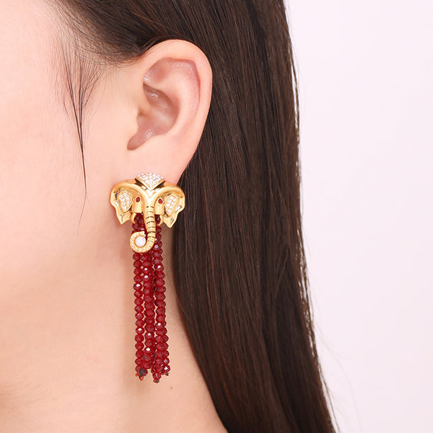 Gold Elephant Tassel Earrings