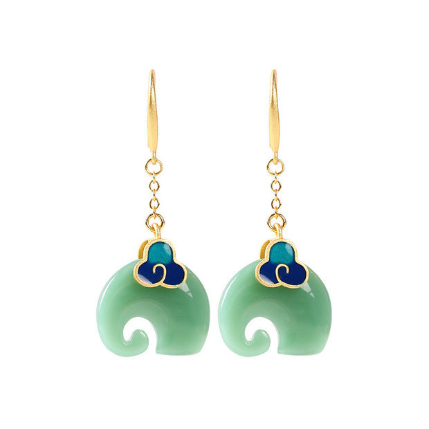 Retro-style green jade cloud pattern elephant pendant earrings