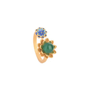 Vintage floral design real gold plating ring, inlaid with green jade and blue enamel flowers