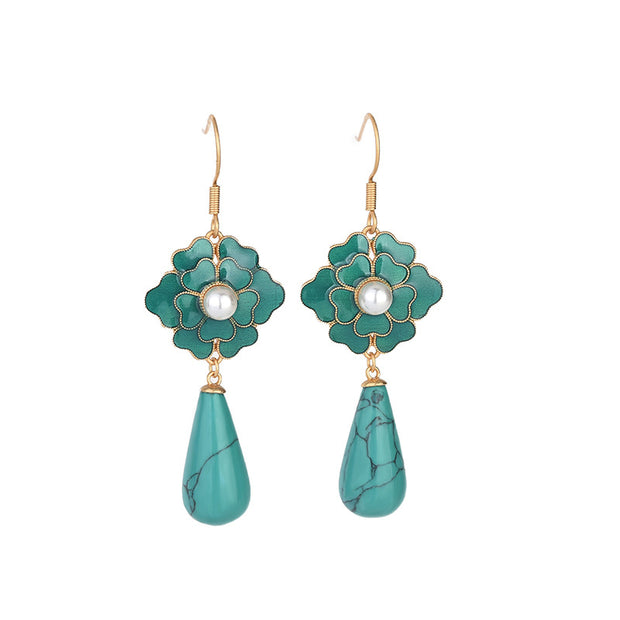 Antique Elegant Turquoise Camellia Pendant Earrings