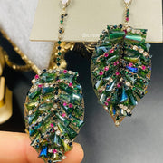 Asymmetry Elegant Leaf-Inspired Crystal Earrings in Vibrant Green and Soft Pink