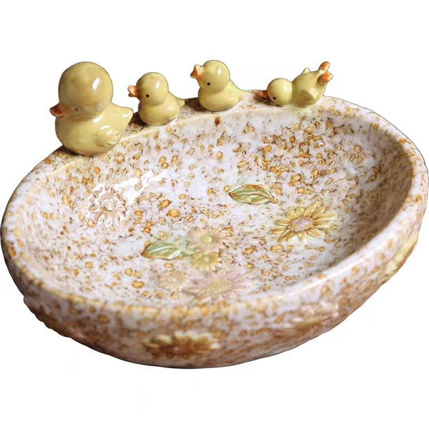 Retro mother and children yellow duck ceramic plate, home decoration, nut plate, key basin, desktop ornaments