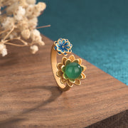 Vintage floral design real gold plating ring, inlaid with green jade and blue enamel flowers