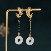 Retro-style goldfish design tassel earrings, elegant jade ring embellishment