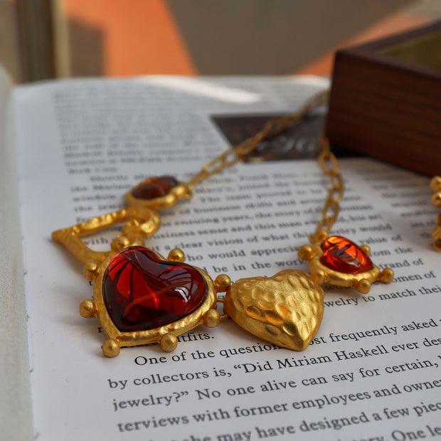 Vintage Big Heart Glass Gold Jewelry Set (Necklace + Brooch + Ear Clip)