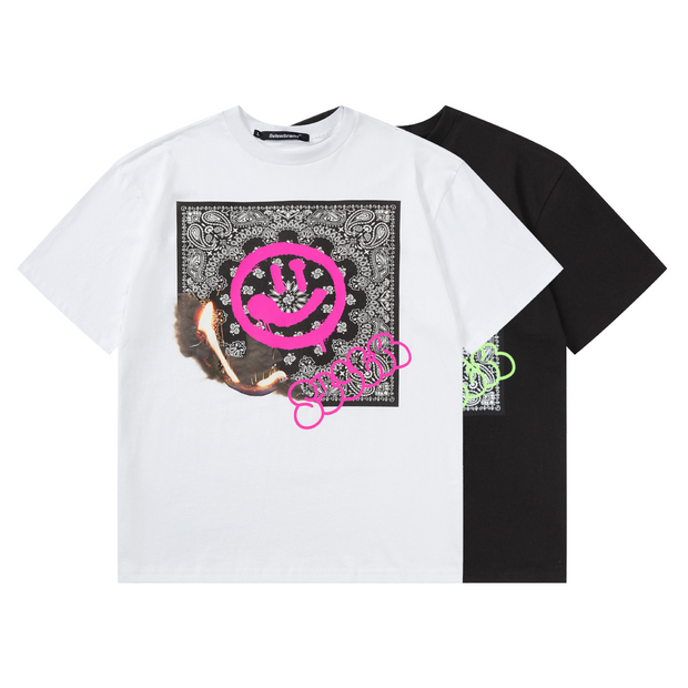 S.view 22S S Original Cashew Flower & Graffiti Smiley Face Print Short Sleeve Street Hip Hop Crew Neck Loose T-Shirt