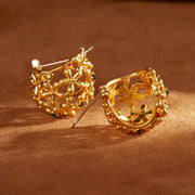 Retro hollow pattern inlaid with colored rhinestones and real gold-plated earrings