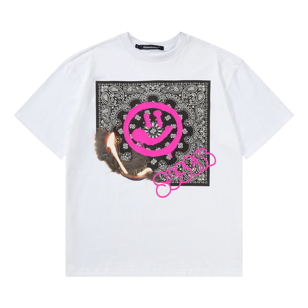 S.view 22S S Original Cashew Flower & Graffiti Smiley Face Print Short Sleeve Street Hip Hop Crew Neck Loose T-Shirt