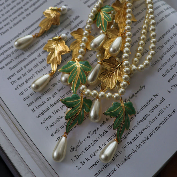 Vintage Pearl Enamel Green Leaf Earring Necklace Set