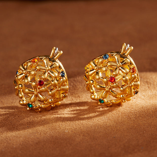 Retro hollow pattern inlaid with colored rhinestones and real gold-plated earrings