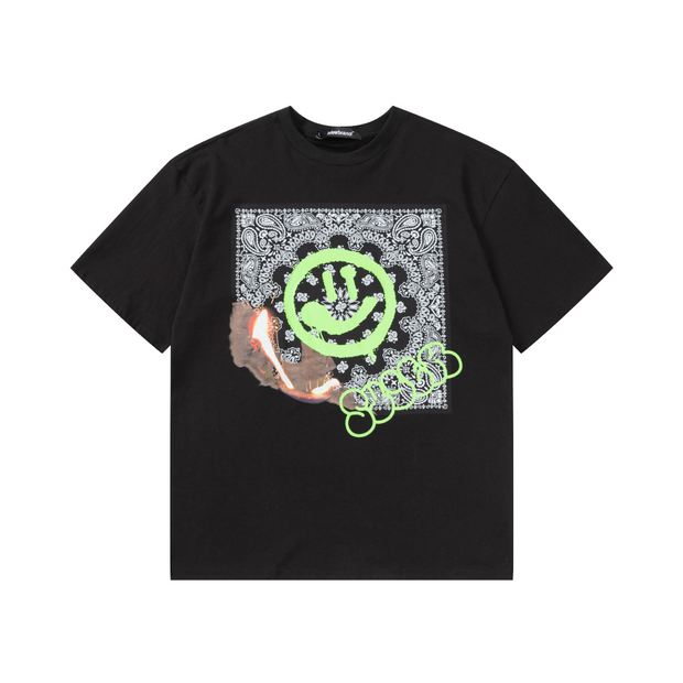 S.view 22S S Original Cashew Flower & Graffiti Smiley Face Print Short Sleeve Street Hip Hop Crew Neck Loose T-Shirt