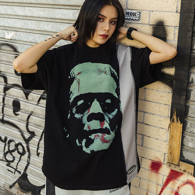 Sview 20AW National Tide Hip Hop Cartoon Print Frankenstein Street Loose Long Sleeve T-shirt Men and Women Lovers Autumn