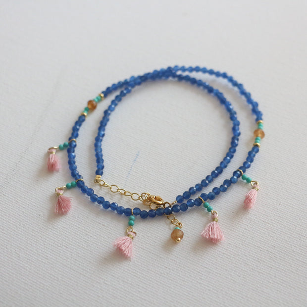 Blue Beaded Tassel Clavicle Necklace