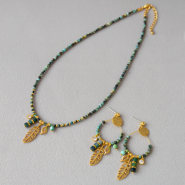 French niche literary retro hollow tassel leaf turquoise beaded necklace and earrings set