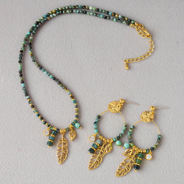 French niche literary retro hollow tassel leaf turquoise beaded necklace and earrings set