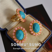 European Retro Style Blue-Green Flower Ring and Earring Set