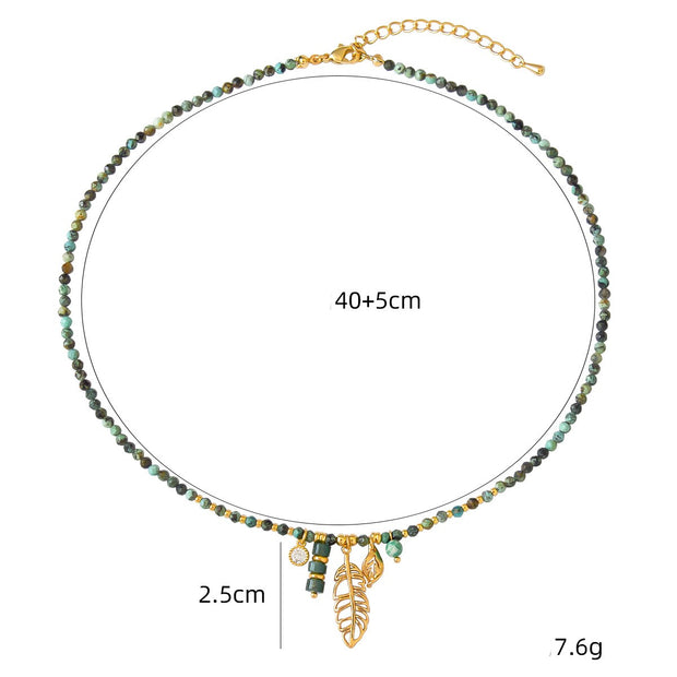 French niche literary retro hollow tassel leaf turquoise beaded necklace and earrings set