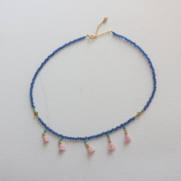 Blue Beaded Tassel Clavicle Necklace