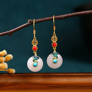 Classical style natural white jade pendant peace buckle real gold plated earrings