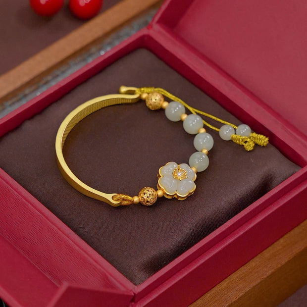 Elegant Magnolia Flower Inlaid with Gold [Flowers Blooming Ten Miles] Hetian Jade Lucky Bead Bracelet