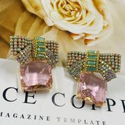 Gorgeous Vintage Bow Earrings - Pink Crystal Embellishment