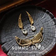 European Medieval Retro Style Brass Eagle Wings Jewelry Set (Earrings and Brooch)