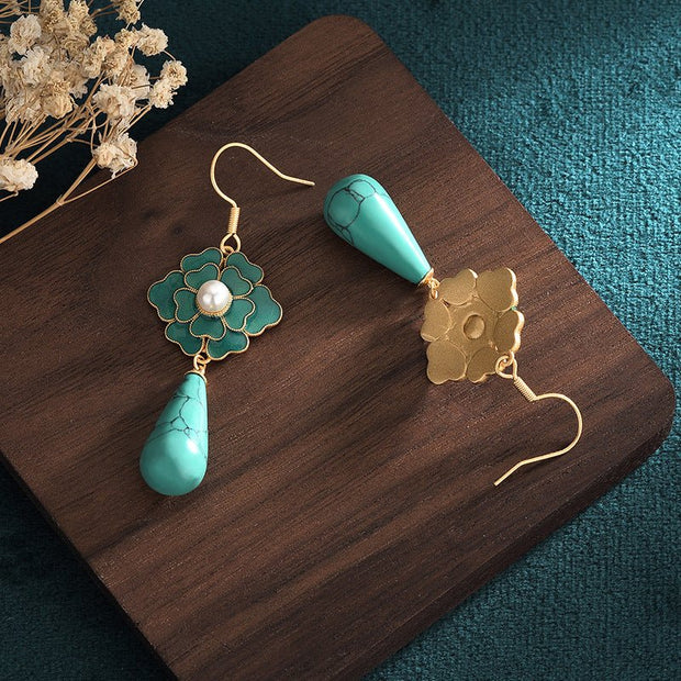 Antique Elegant Turquoise Camellia Pendant Earrings - Tiracisu