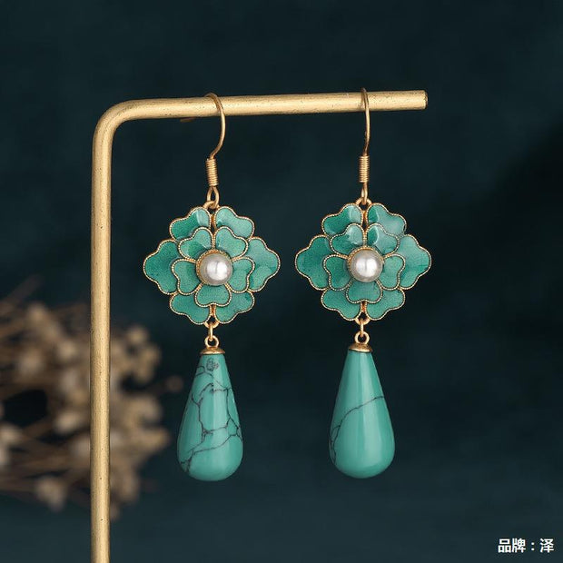 Antique Elegant Turquoise Camellia Pendant Earrings - Tiracisu