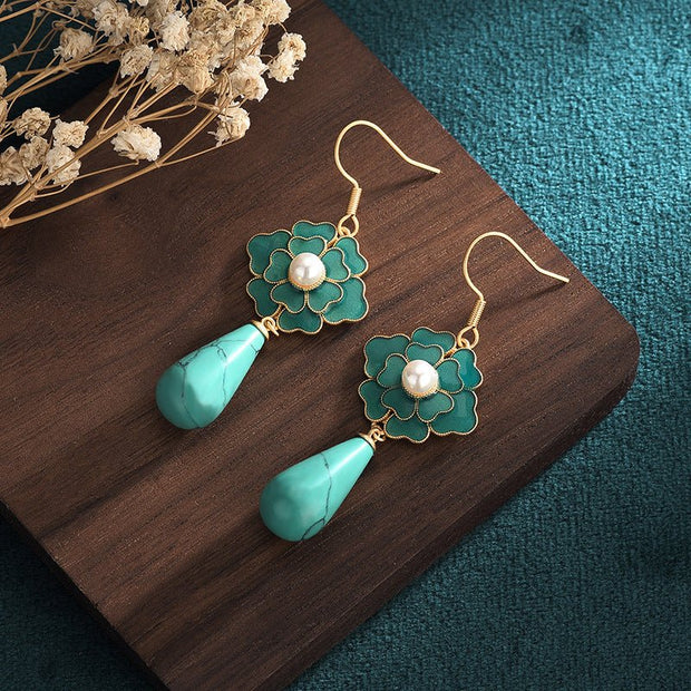 Antique Elegant Turquoise Camellia Pendant Earrings - Tiracisu