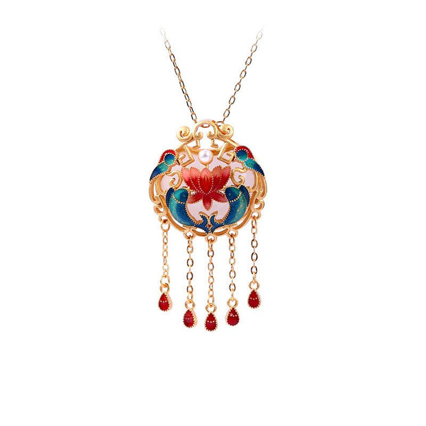 Antique floral enamel long tassel peace lock earrings and necklace set - Tiracisu