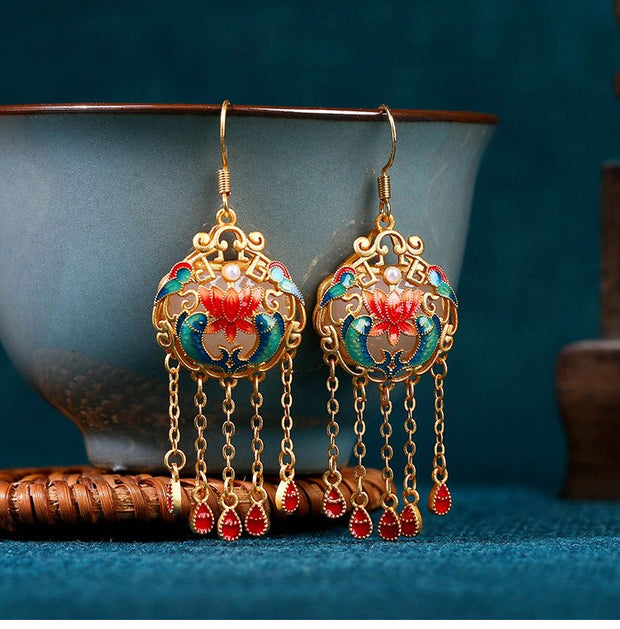 Antique floral enamel long tassel peace lock earrings and necklace set - Tiracisu