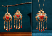 Antique floral enamel long tassel peace lock earrings and necklace set - Tiracisu