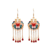 Antique floral enamel long tassel peace lock earrings and necklace set - Tiracisu