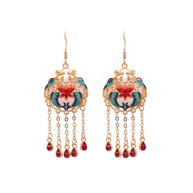 Antique floral enamel long tassel peace lock earrings and necklace set - Tiracisu