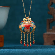 Antique floral enamel long tassel peace lock earrings and necklace set - Tiracisu