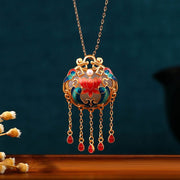 Antique floral enamel long tassel peace lock earrings and necklace set - Tiracisu