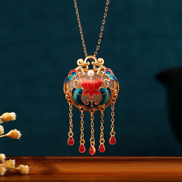 Antique floral enamel long tassel peace lock earrings and necklace set - Tiracisu