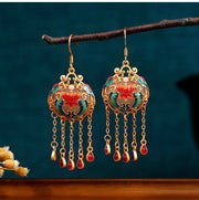 Antique floral enamel long tassel peace lock earrings and necklace set - Tiracisu